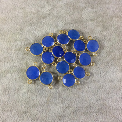 Gold Plated Faceted Natural Semi-Opaque Blue Chalcedony Round/Coin Shaped Bezel Connector - Measuring 10mm x 10mm - Sold Individually
