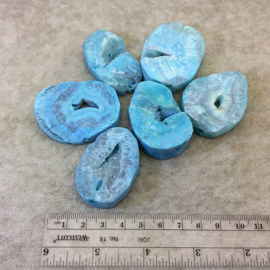 Large Sky Blue Dyed Natural Druzy Agate Drilled Freeform Slab Bead with 2mm Holes - ~ 30-35mm x 50-55mm  - Sold Per Each - Chosen At Random