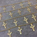 Gold Plated Copper Spaced Single Dangle Wrapped Chain with 12mm x 20mm Gold Cutout Cross Shaped Dangles - Sold by 1 Foot Length! (SD005-GD)