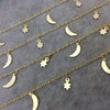 Gold Plated Copper Spaced Single Dangle Wrapped Chain with 9mm-12mm Long Gold Sun/Star and Moon Dangles - Sold by 1 Foot Length! (SD008-GD)