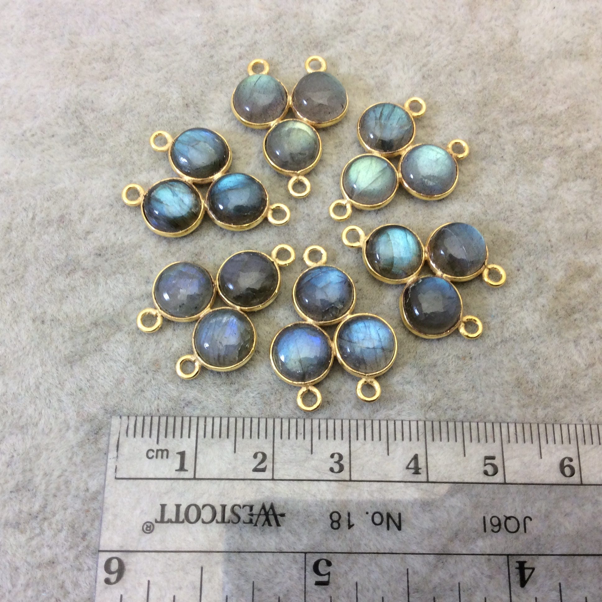 Labradorite Bezel | Gold Finish Smooth Natural Flashy 3 Stone (8mm) Trillion Shape Plated Copper 3 Ring Connector- 18mm x 18mm Sold  Indiv