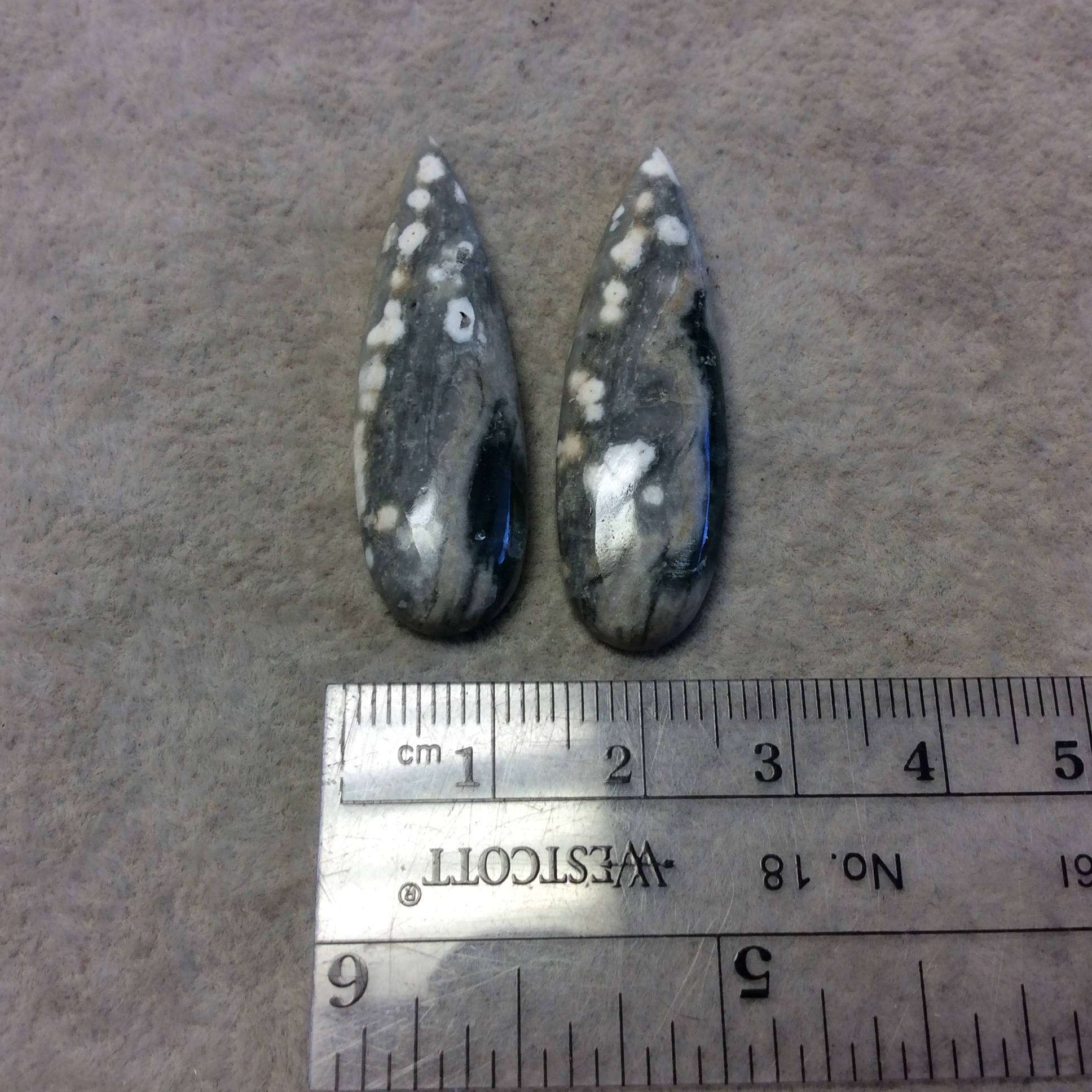 OOAK Pair of Natural Ocean Jasper Pear/Teardrop Shaped Flat Back Cabochons - Measuring 12mm x 40mm, 5mm Dome Height - Quality Gemstone