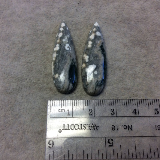 OOAK Pair of Natural Ocean Jasper Pear/Teardrop Shaped Flat Back Cabochons - Measuring 12mm x 40mm, 5mm Dome Height - Quality Gemstone