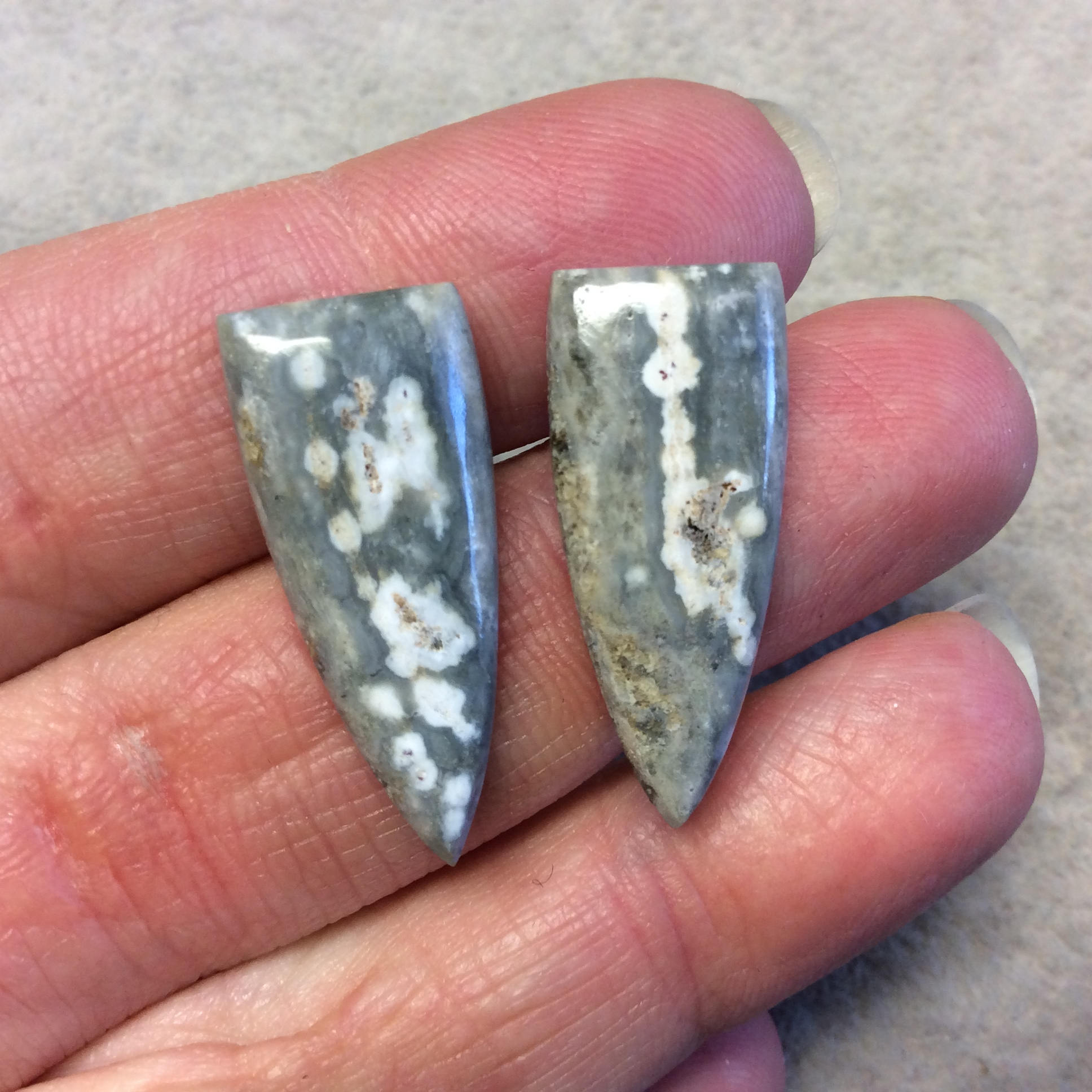 OOAK Pair of Natural Ocean Jasper Triangle/Shield Shaped Flat Back Cabochons - Measuring 12mm x 28mm, 5mm Dome Height - Quality Gemstone