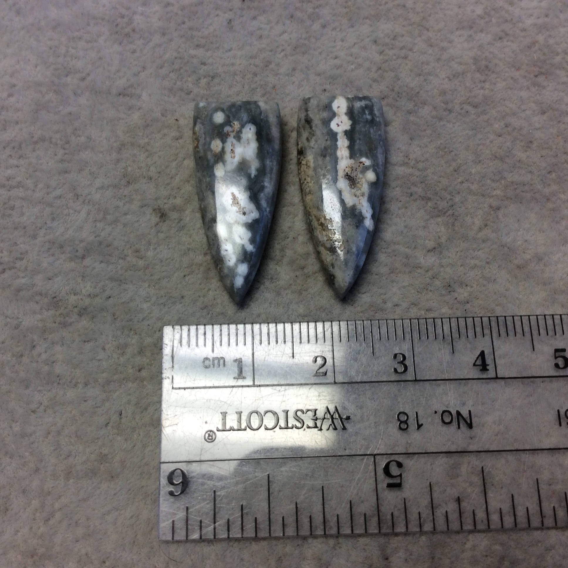 OOAK Pair of Natural Ocean Jasper Triangle/Shield Shaped Flat Back Cabochons - Measuring 12mm x 28mm, 5mm Dome Height - Quality Gemstone