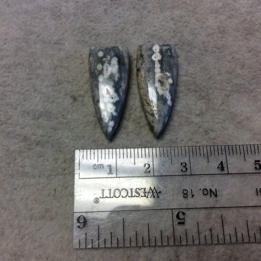 OOAK Pair of Natural Ocean Jasper Triangle/Shield Shaped Flat Back Cabochons - Measuring 12mm x 28mm, 5mm Dome Height - Quality Gemstone