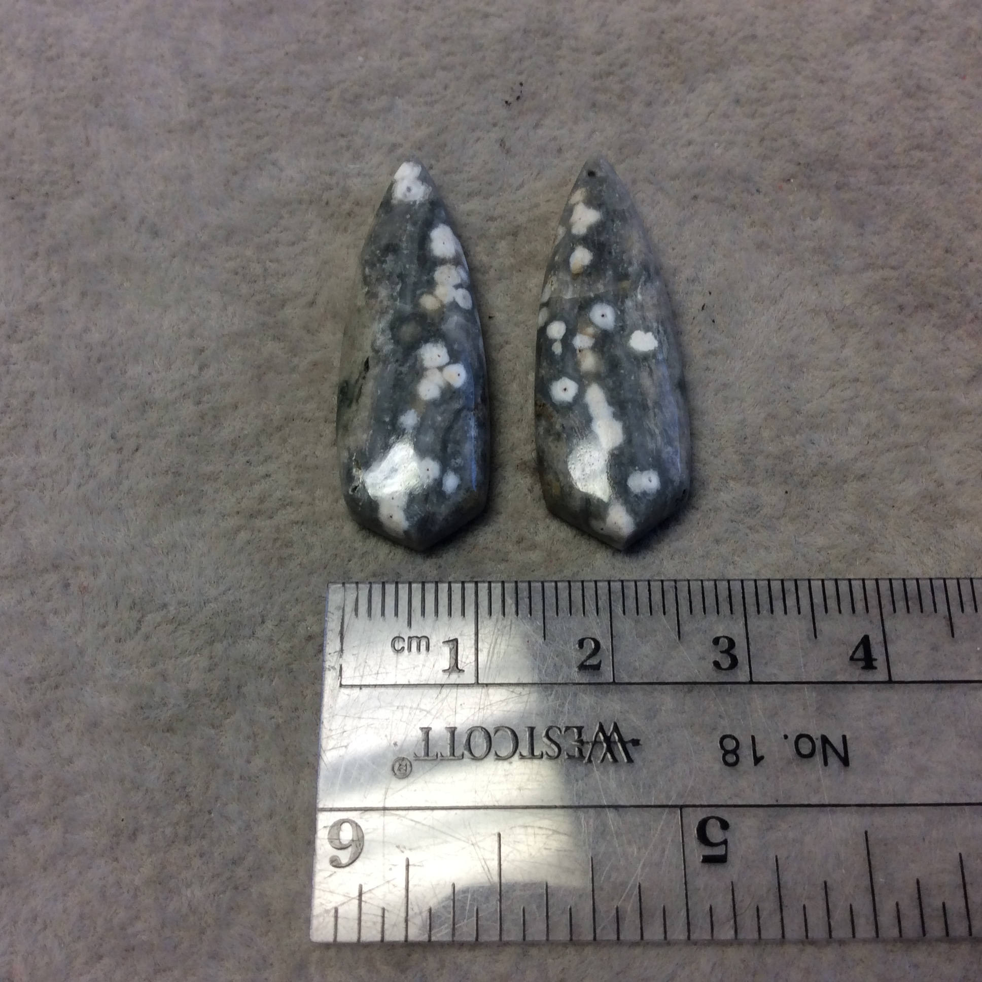 OOAK Pair of Natural Ocean Jasper Pointed Teardrop Shaped Flat Back Cabochons - Measuring 12mm x 35mm, 5mm Dome Height - Quality Gemstone
