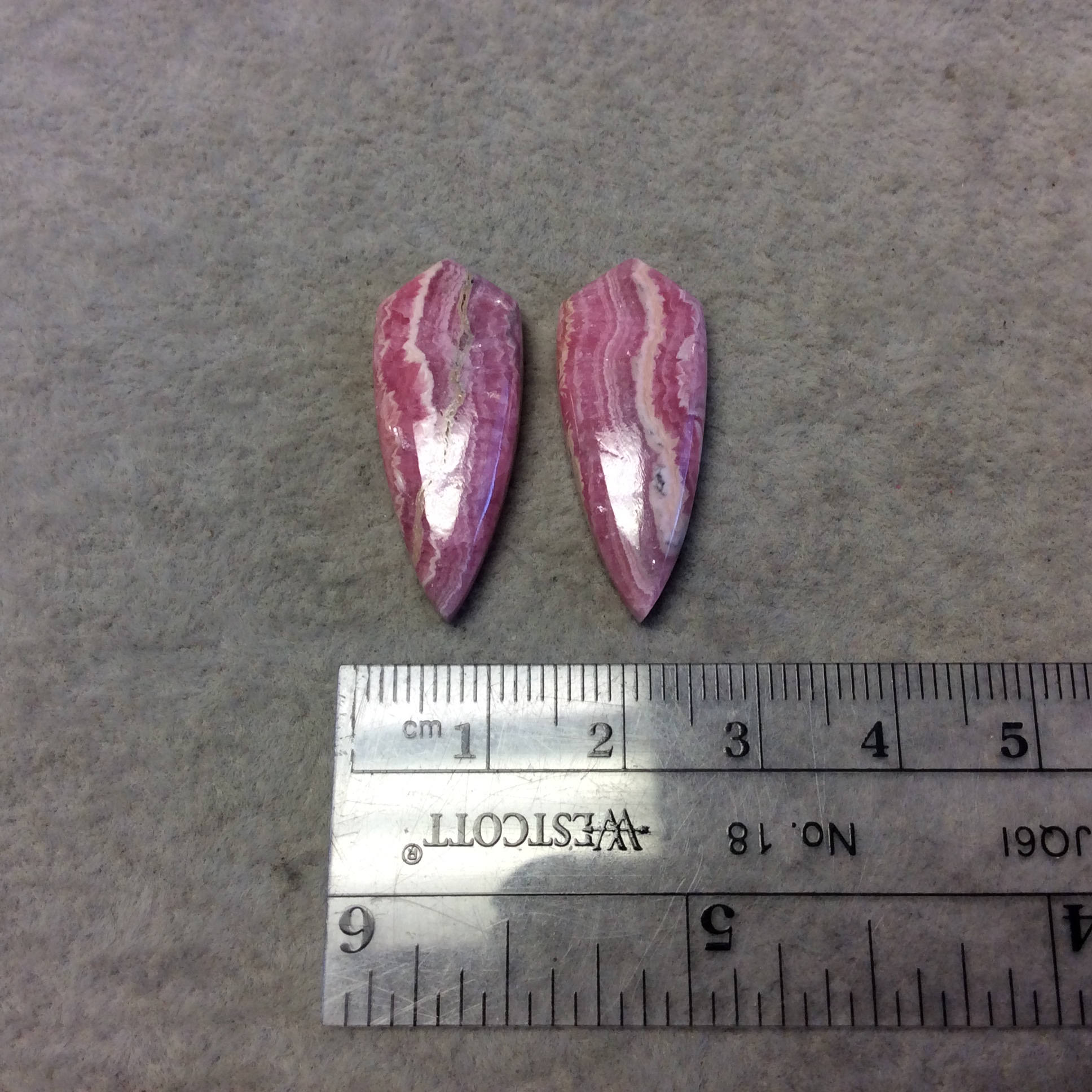 OOAK Pair of Natural Striped Rhodochrosite Pointed Teardrop Shaped Flat Back Cabochons - Measuring 12mm x 29mm, 5mm Dome - Quality Gemstone