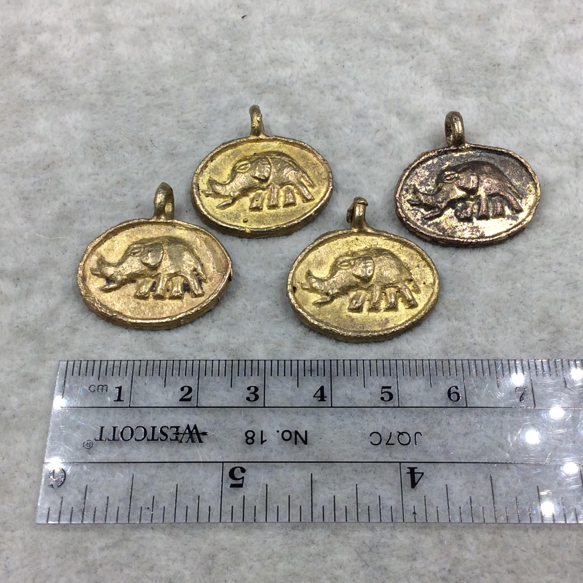 19mm x 23mm Hand Made Oxidized Copper/Brass Plated Very Rustic Oval Shape Elephant Pendant From Ghana W Attached Ring And Flat Back  -