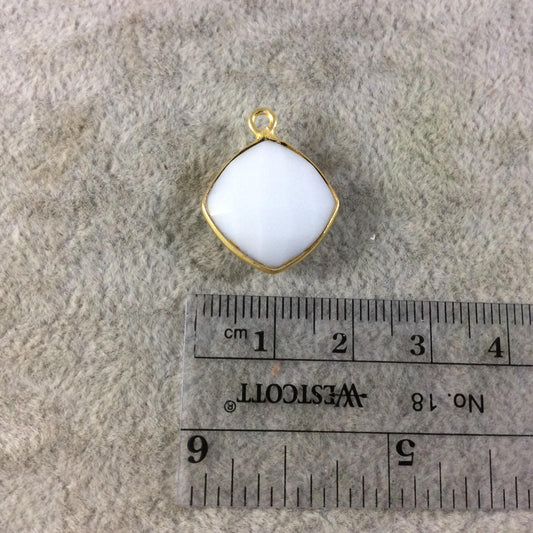 Gold Plated Faceted White Hydro (Lab Created) Chalcedony Diamond Shaped Bezel Pendant - Measuring 15mm x 15mm - Sold Individually