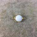 Gold Plated Faceted White Hydro (Lab Created) Chalcedony Round/Coin Shaped Bezel Connector - Measuring 12mm x 12mm - Sold Individually