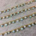 Gold Plated Copper Spaced Single Dangle Wrapped Chain with 3-4mm Blue Amazonite Rondelle Dangles - Sold by 1 Foot Length! (SD021-GD)