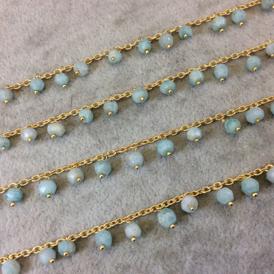Gold Plated Copper Spaced Single Dangle Wrapped Chain with 3-4mm Blue Amazonite Rondelle Dangles - Sold by 1 Foot Length! (SD021-GD)