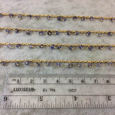 Gold Plated Copper Spaced Single Dangle Wrapped Chain with 3-4mm Indigo Iolite Rondelle Dangles - Sold by 1 Foot Length! (SD019-GD)