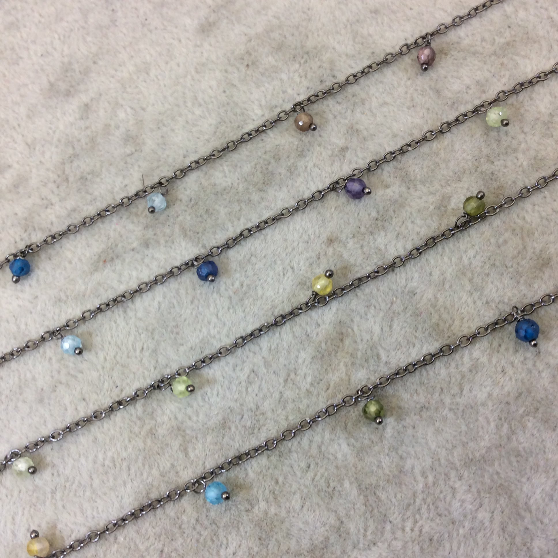 Gunmetal Plated Copper Spaced Single Dangle Wrapped Chain with 3-4mm Rainbow Cubic Zirconia Round Dangles - Sold Per Foot Length! (SD022-GM)