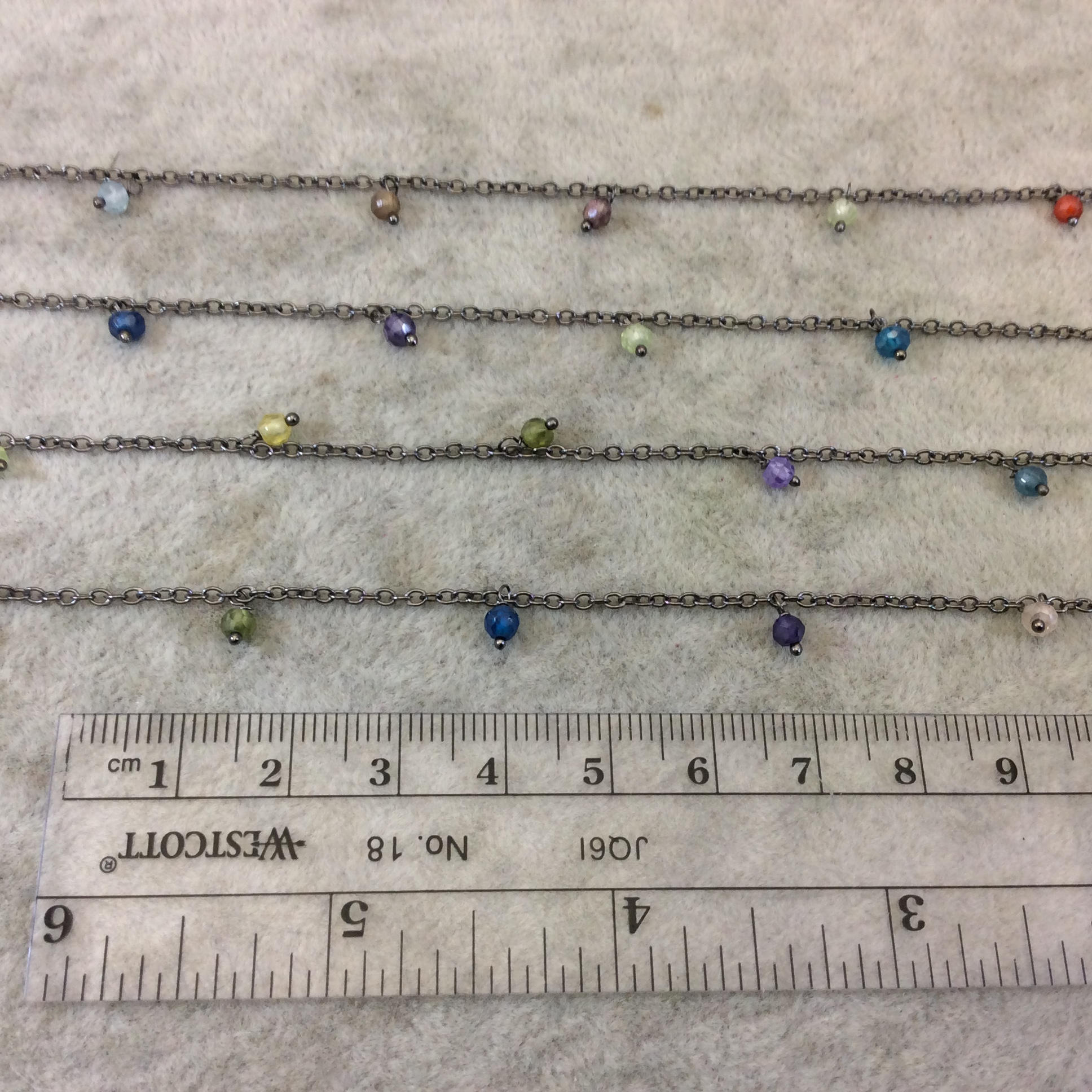 Gunmetal Plated Copper Spaced Single Dangle Wrapped Chain with 3-4mm Rainbow Cubic Zirconia Round Dangles - Sold Per Foot Length! (SD022-GM)