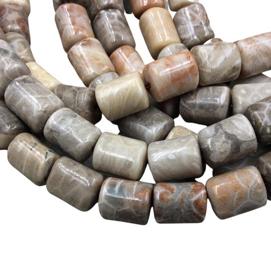 10mm x 12mm Glossy Finish Natural Fossilized Coral Barrel/Tube Shape Beads W 1mm Holes - 15.5" Strand (~ 31 Beads) - Quality Gemstone