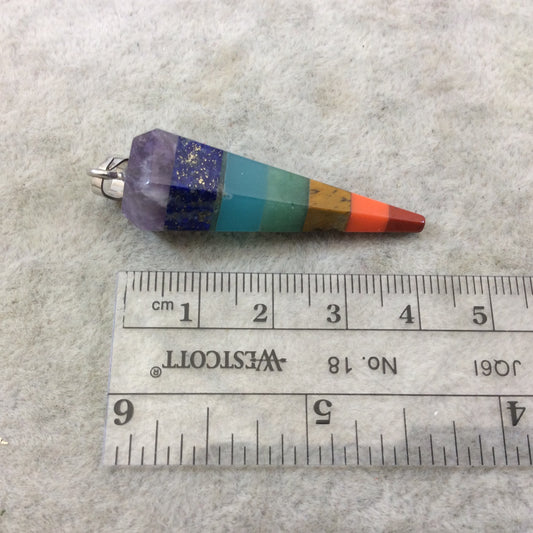 Mixed Chakra Gemstone Faceted Pendulum/Point Pendant W Silver Finish Ring/Bail - Measures 14mm x 42mm, Approx. - Sold Individually, Random