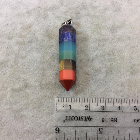 Mixed Chakra Gemstone Faceted Crayon/Point Pendant W Silver Finish Ring/Bail - Measures 12mm x 42mm, Approx. - Sold Individually, Random