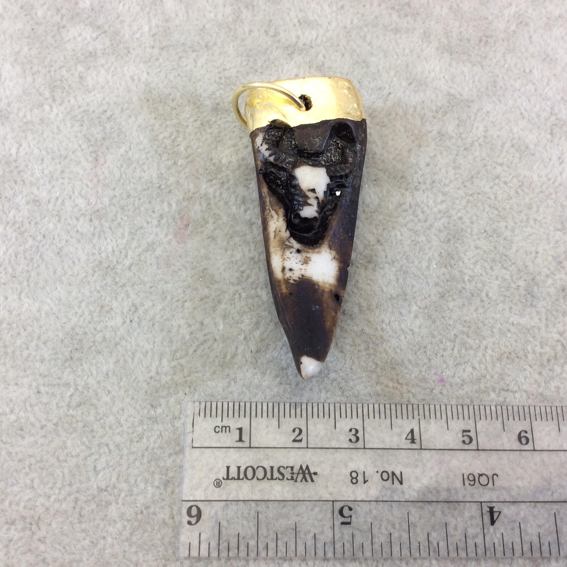 2.5" Gold Electroplated Black/White/Brown Tooth/Fang/Tusk Shape Lightweight Resin Pendant W/ Steer Head - ~ 25mm x 60mm - Sold Individually