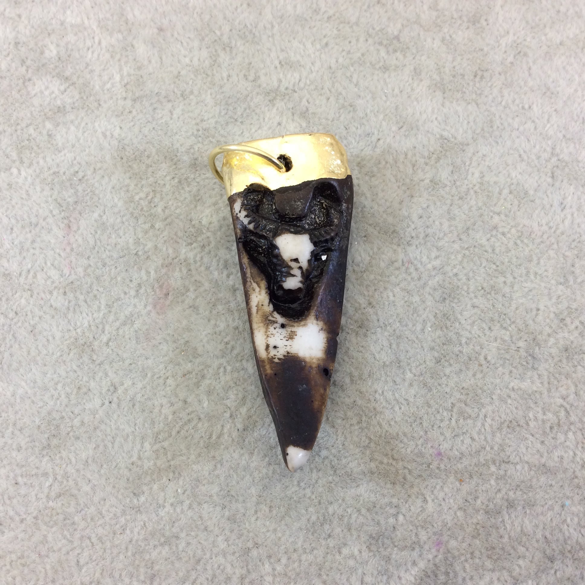 2.5" Gold Electroplated Black/White/Brown Tooth/Fang/Tusk Shape Lightweight Resin Pendant W/ Steer Head - ~ 25mm x 60mm - Sold Individually