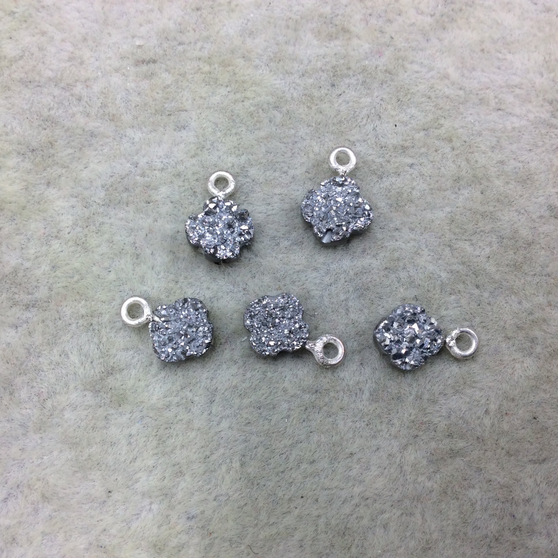 Medium Bright Silver Quatrefoil Shape Natural Druzy Pendant W Silver Ring - Measures 7mm x 7mm, Approx. - Sold Individually, Randomly Chosen