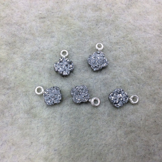 Medium Bright Silver Quatrefoil Shape Natural Druzy Pendant W Silver Ring - Measures 7mm x 7mm, Approx. - Sold Individually, Randomly Chosen