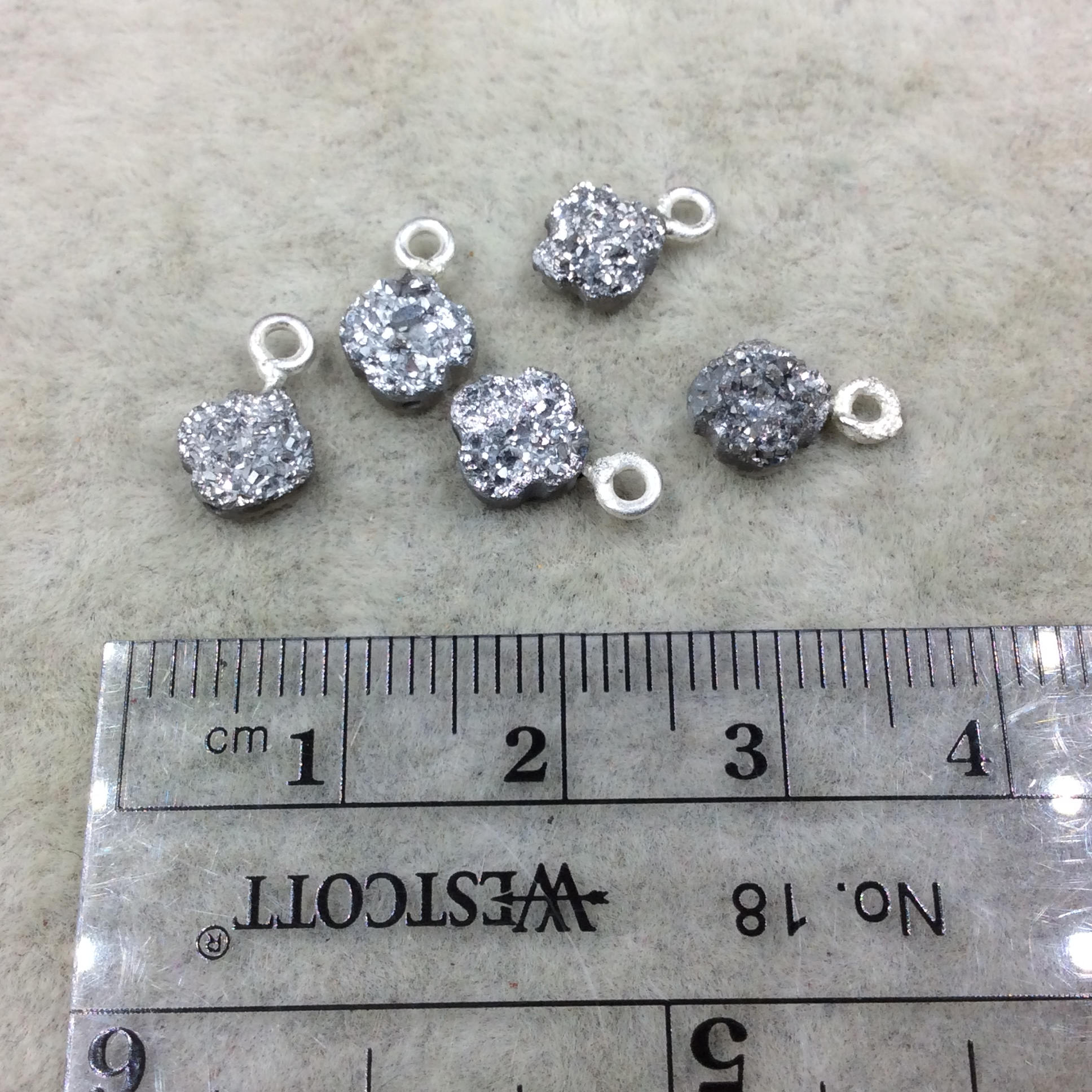 Medium Bright Silver Quatrefoil Shape Natural Druzy Pendant W Silver Ring - Measures 7mm x 7mm, Approx. - Sold Individually, Randomly Chosen