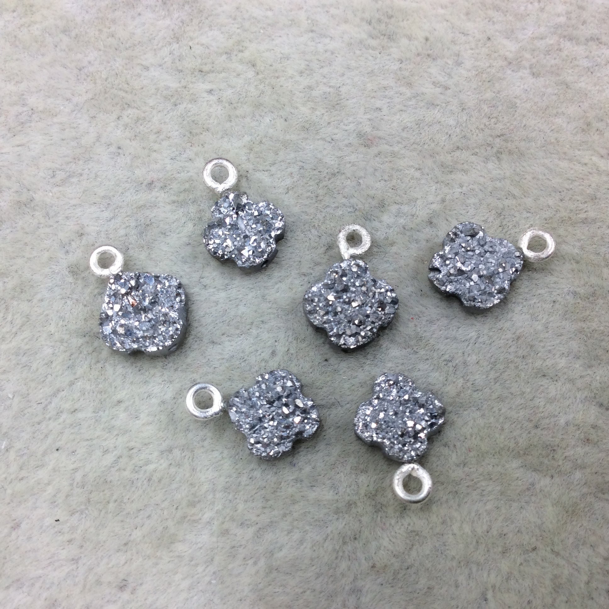 Large Bright Silver Quatrefoil Shape Natural Druzy Pendant W Silver Ring - Measures 8mm x 8mm, Approx. - Sold Individually, Randomly Chosen