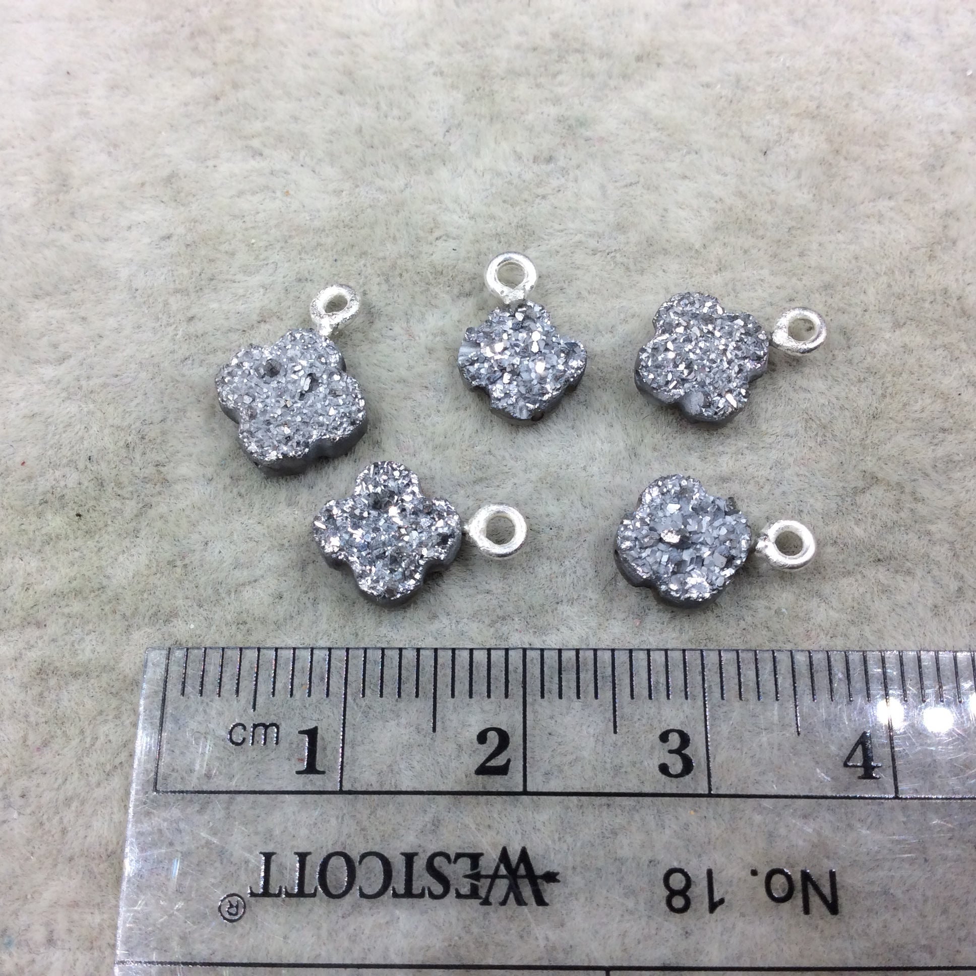 Large Bright Silver Quatrefoil Shape Natural Druzy Pendant W Silver Ring - Measures 8mm x 8mm, Approx. - Sold Individually, Randomly Chosen