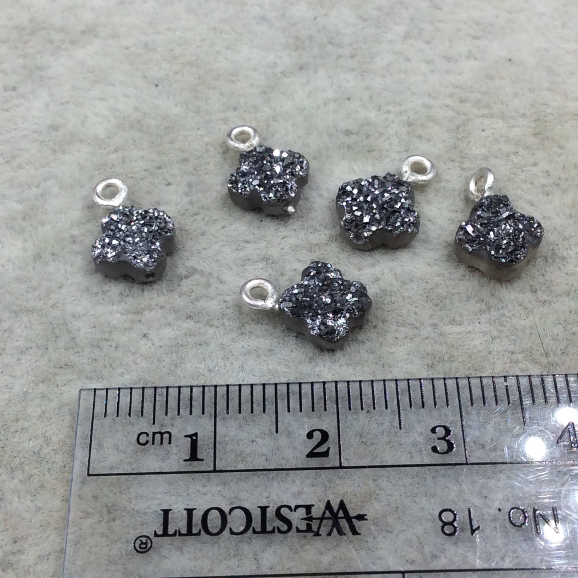 Medium Dark Silver Quatrefoil Shape Natural Druzy Pendant W Silver Ring - Measures 7mm x 7mm, Approx. - Sold Individually, Randomly Chosen