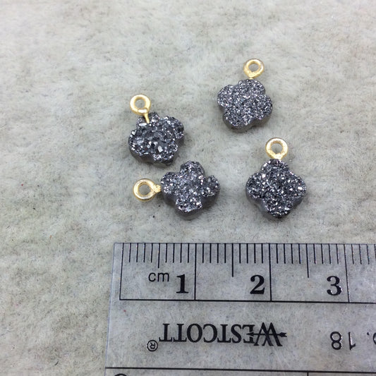 Large Dark Silver Quatrefoil Shape Natural Druzy Pendant W Gold Ring - Measures 8mm x 8mm, Approx. - Sold Individually, Randomly Chosen