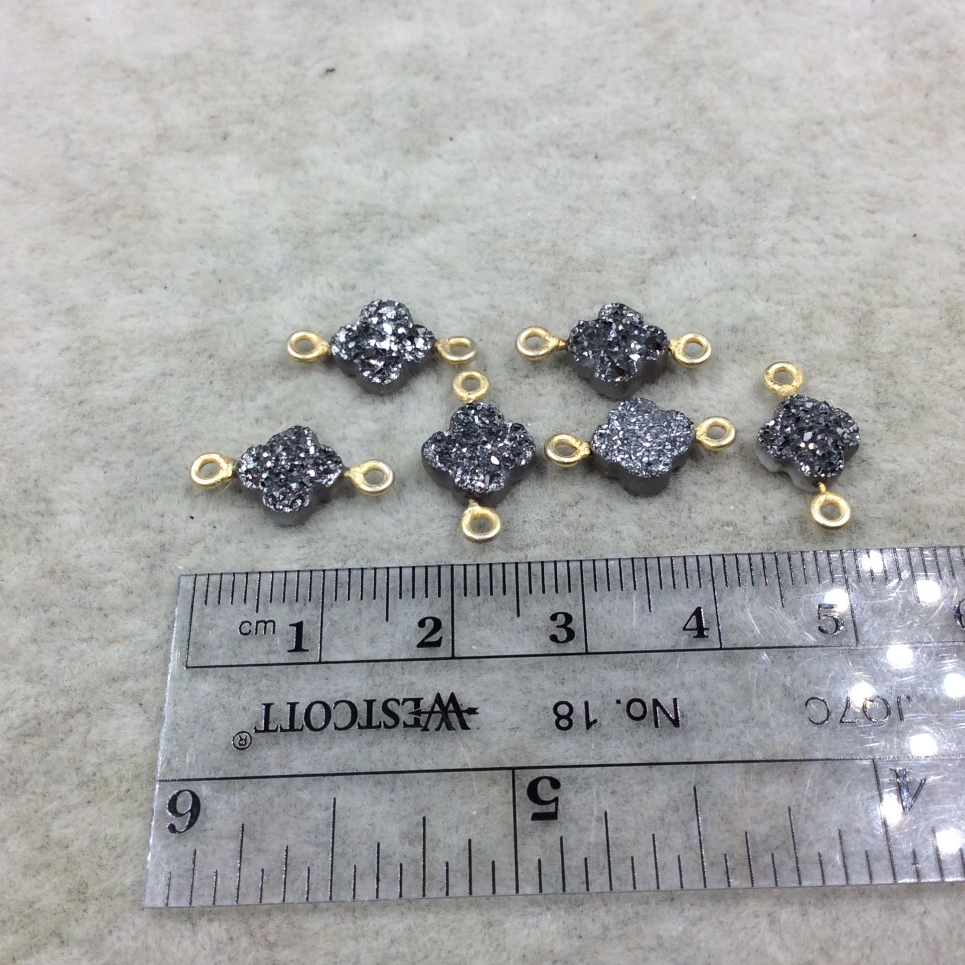 Large Dark Silver Quatrefoil Shape Natural Druzy Connector W Gold Rings - Measures 8mm x 8mm, Approx. - Sold Individually, Randomly Chosen