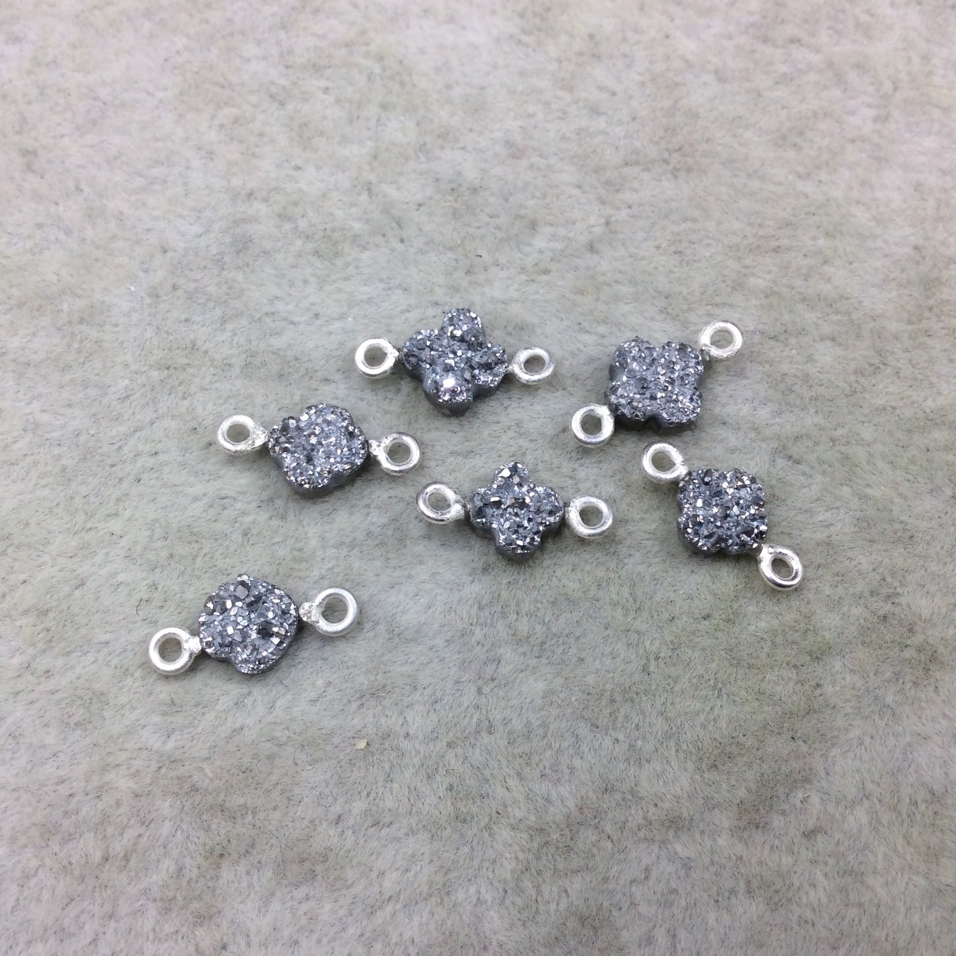 Medium Bright Silver Quatrefoil Shape Natural Druzy Connector W Silver Rings - Measures ~ 7mm x 7mm,  - Sold Individually, Randomly Chosen