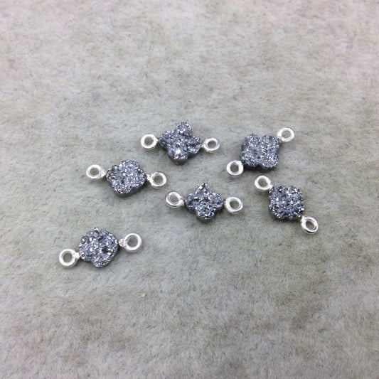 Medium Bright Silver Quatrefoil Shape Natural Druzy Connector W Silver Rings - Measures ~ 7mm x 7mm,  - Sold Individually, Randomly Chosen