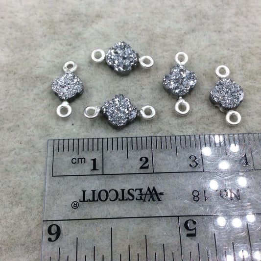 Medium Bright Silver Quatrefoil Shape Natural Druzy Connector W Silver Rings - Measures ~ 7mm x 7mm,  - Sold Individually, Randomly Chosen