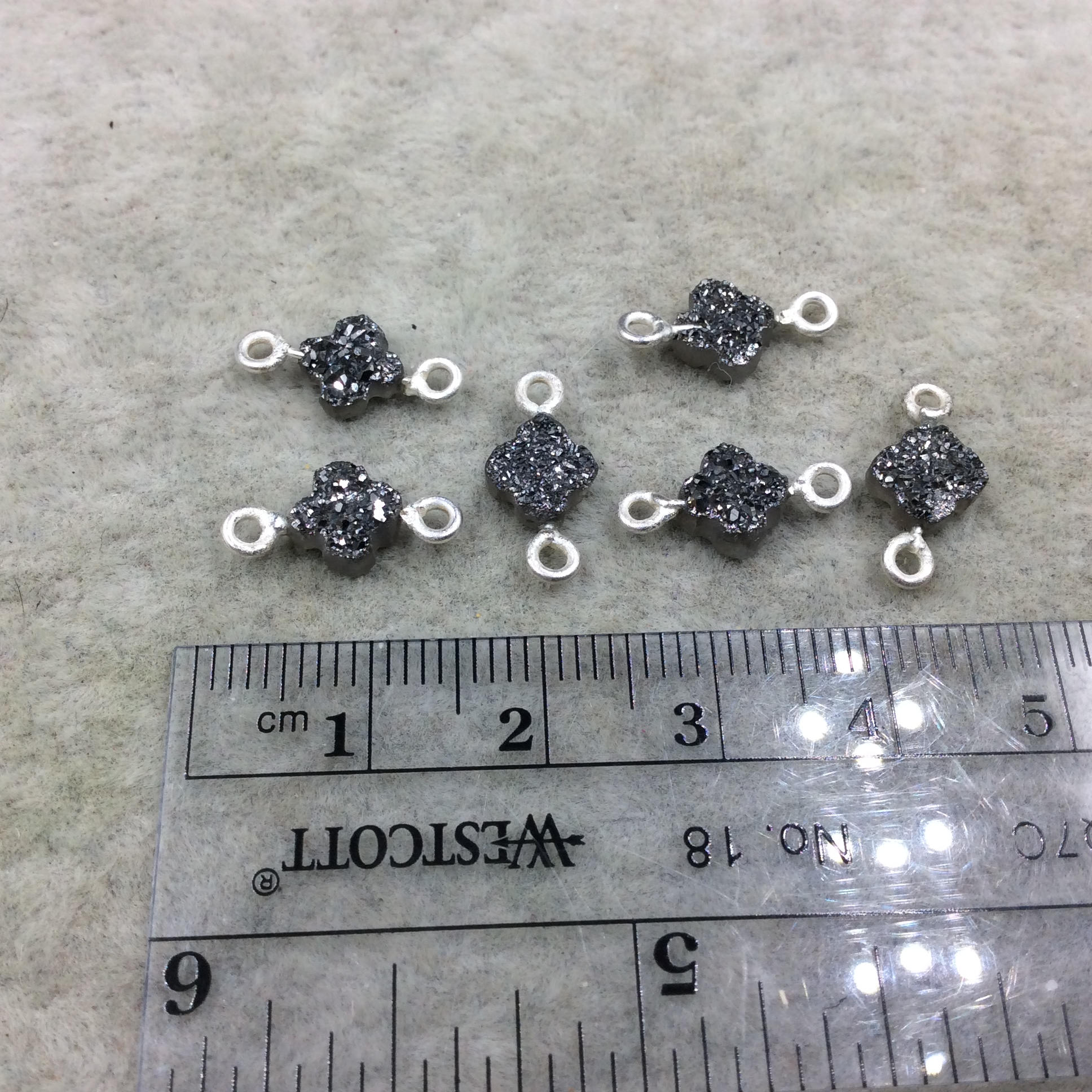 Small Dark Silver Quatrefoil Shape Natural Druzy Connector W Silver Rings - Measures ~ 6mm x 6mm,  - Sold Individually, Randomly Chosen