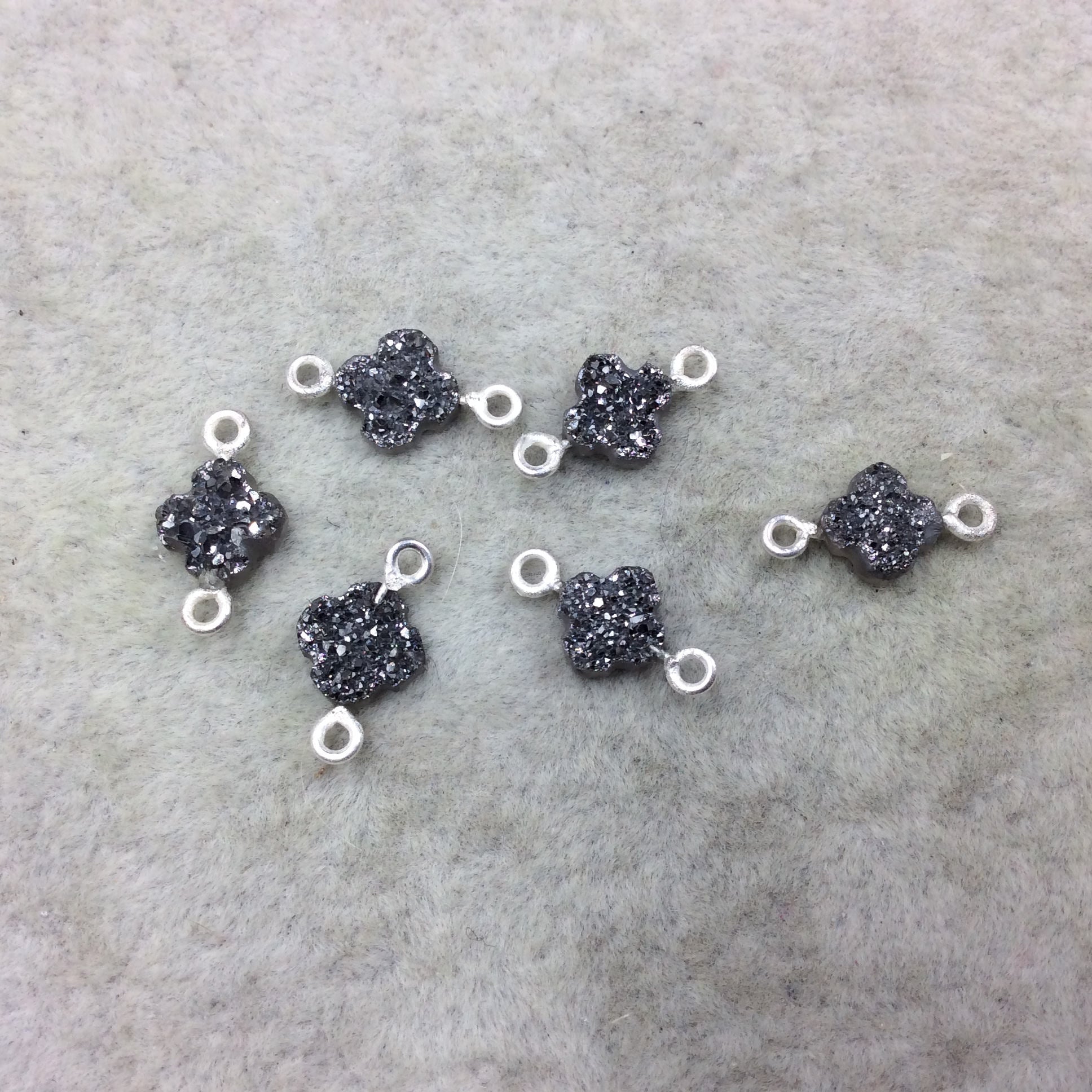 Medium Dark Silver Quatrefoil Shape Natural Druzy Connector W Silver Rings - Measures ~ 7mm x 7mm,  - Sold Individually, Randomly Chosen