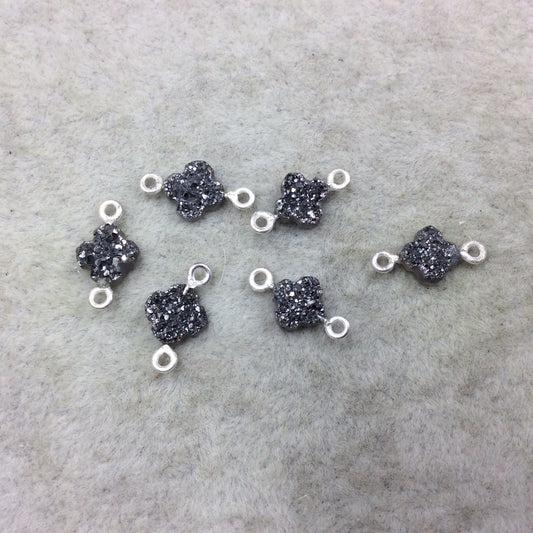 Medium Dark Silver Quatrefoil Shape Natural Druzy Connector W Silver Rings - Measures ~ 7mm x 7mm,  - Sold Individually, Randomly Chosen