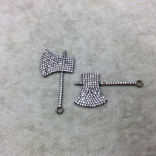 Gunmetal Finish Battle Axe Shaped CZ Cubic Zirconia Inlaid Plated Copper Pendant Component - Measuring 17mm x 31mm  - Sold Individually