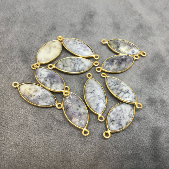 Gold Plated Natural Dendritic Opal Faceted Marquise  Shaped Copper Bezel Connector - Measures 10mm x 20mm - Sold Individually, Random