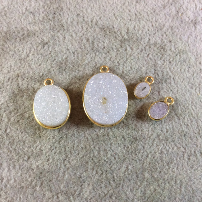 Jeweler's Lot Gold Finish White Oval/Oblong Shaped Natural Druzy Agate Bezel Pendants DOW3 ~4mm - 20mm Long - Sold In Lot Of 4 As Shown
