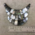 5.5" Three Piece Gold Finish Silver Abalone Shell Inlaid End Drilled Crescent-Shaped Bib Focal Pendant - ~ 135mm x 110mm - Sold Per Set