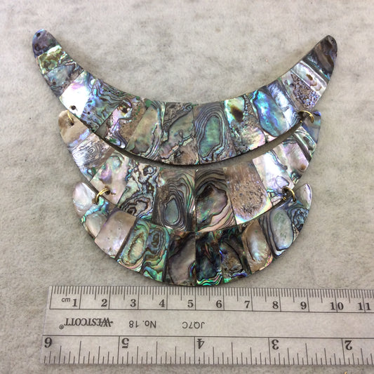 5.5" Three Piece Gold Finish Rainbow Abalone Shell Inlaid End Drilled Crescent-Shaped Bib Focal Pendant - ~ 135mm x 110mm - Sold Per Set