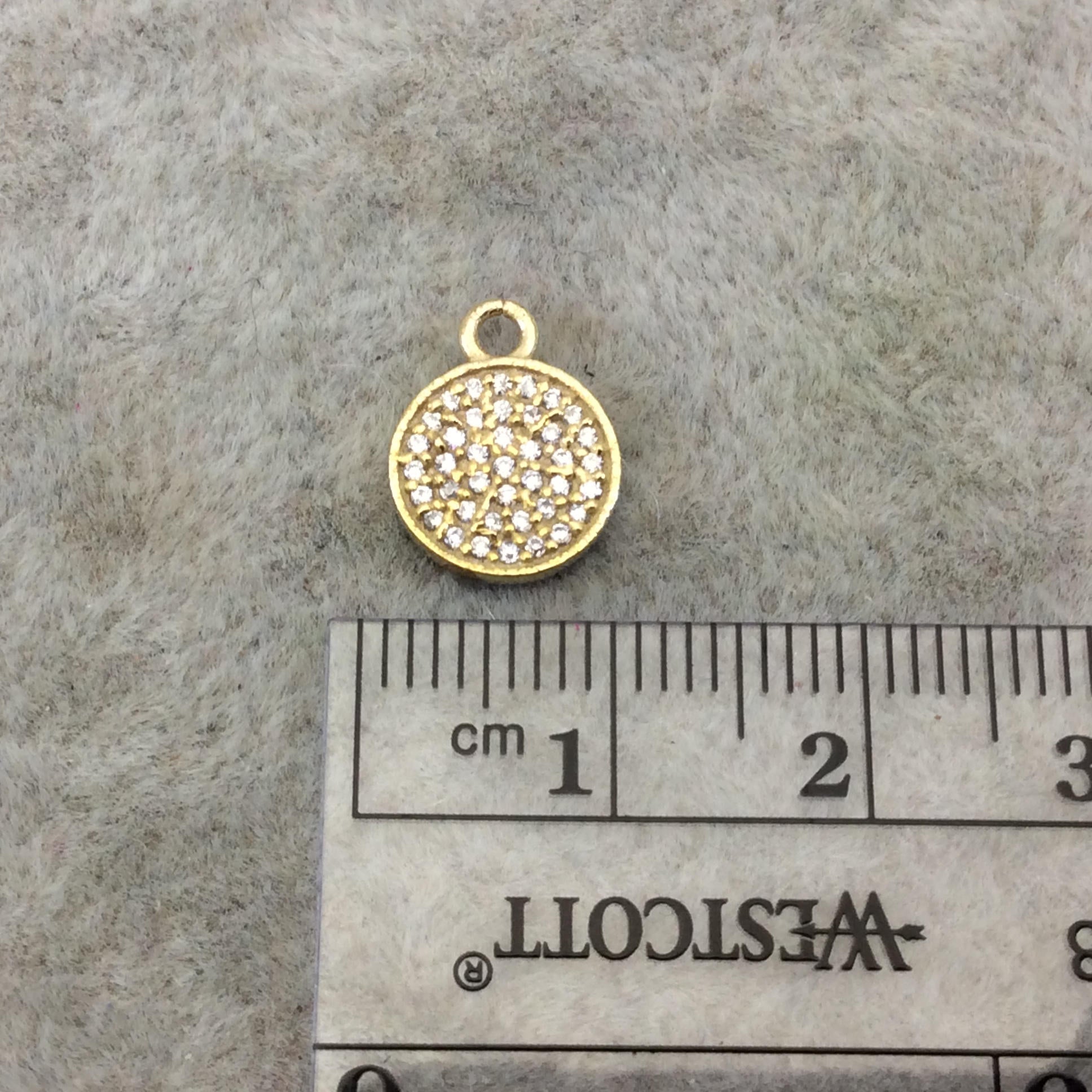 Tiny Gold Finish Round/Coin Shaped CZ Cubic Zirconia Inlaid Plated Copper Pendant Component - Measuring 10mm x 10mm  - Sold Individually