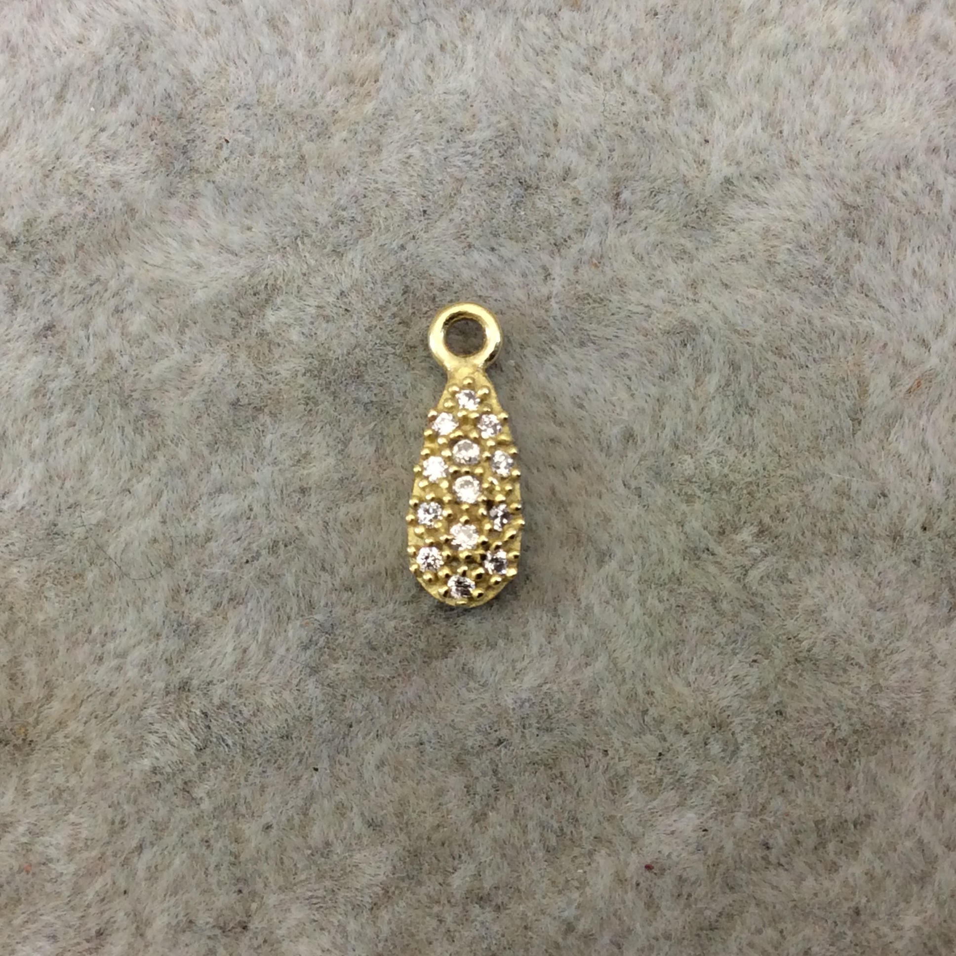 Tiny Gold Finish Long Teardrop Shaped CZ Cubic Zirconia Inlaid Plated Copper Pendant Component - Measuring 5mm x 10mm  - Sold Individually