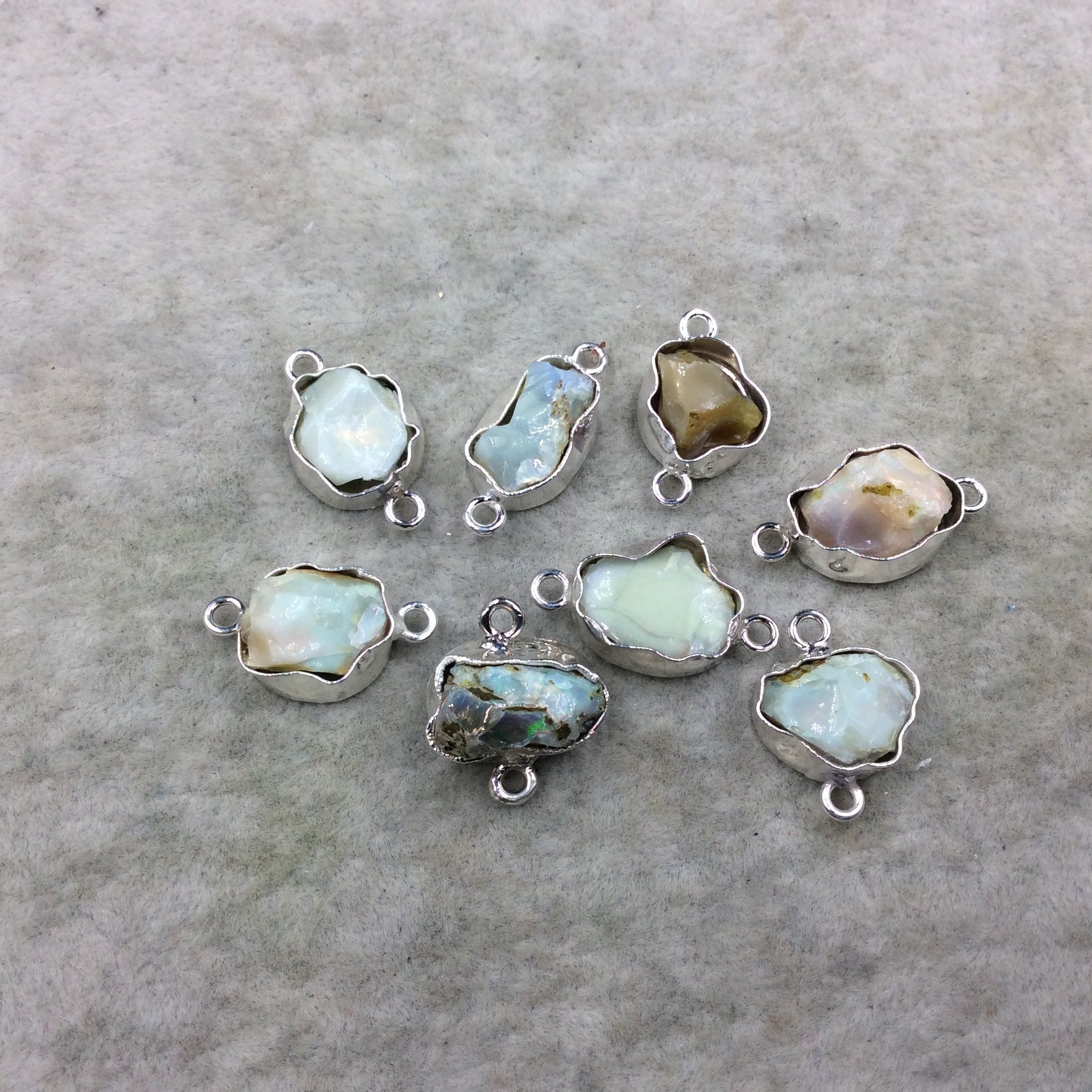 Silver Finish Medium Raw Nugget Genuine Ethiopian Opal Wavy Bezel Connector  ~ 12-15mm Long - Sold Individually, Selected At Randomly