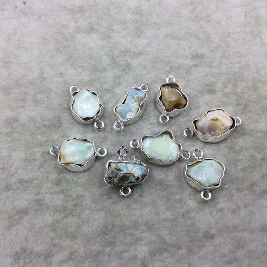Silver Finish Medium Raw Nugget Genuine Ethiopian Opal Wavy Bezel Connector  ~ 12-15mm Long - Sold Individually, Selected At Randomly