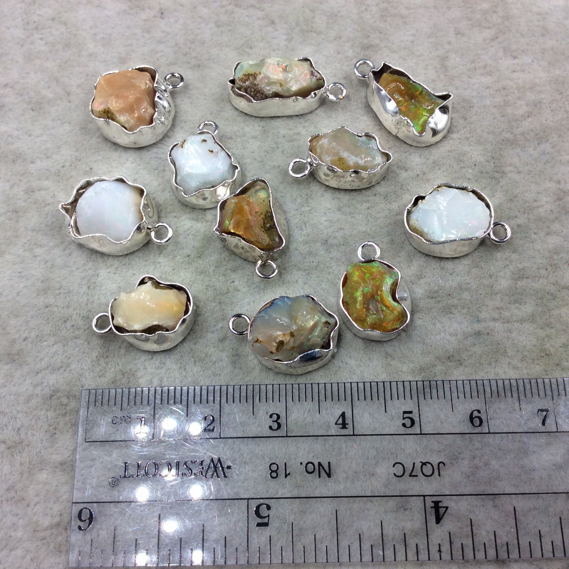 Silver Finish Medium Raw Nugget Genuine Ethiopian Opal Wavy Bezel Pendant  ~ 12mm - 16mm Long - Sold Individually, Selected At Randomly