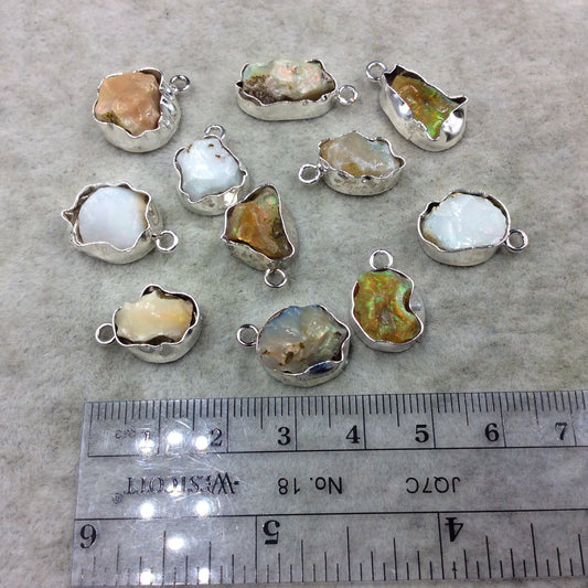 Silver Finish Medium Raw Nugget Genuine Ethiopian Opal Wavy Bezel Pendant  ~ 12mm - 16mm Long - Sold Individually, Selected At Randomly